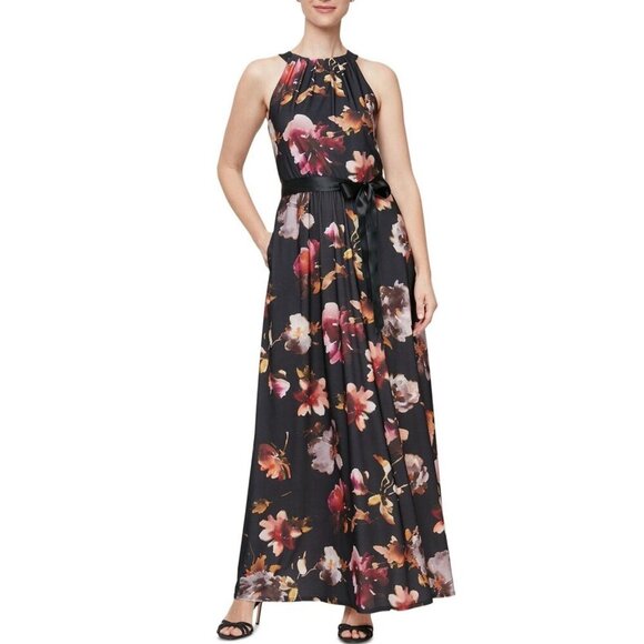 SLNY Fashions Women's Floral-Print Halter Gown MAXI dress Black Multi 14 - Picture 1 of 16